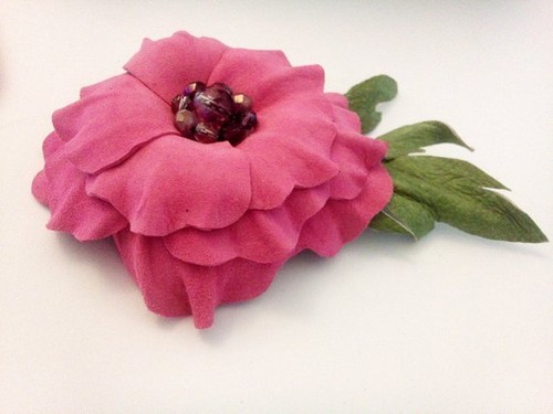 Leather flower brooch pink - leather,